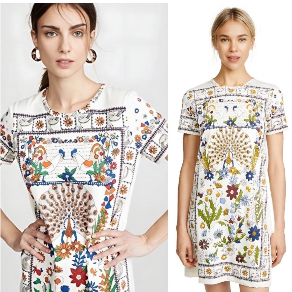 Tory Burch T-Shirt Dress Women M Ivory Garden Party Peacock Floral Short Sleeve
